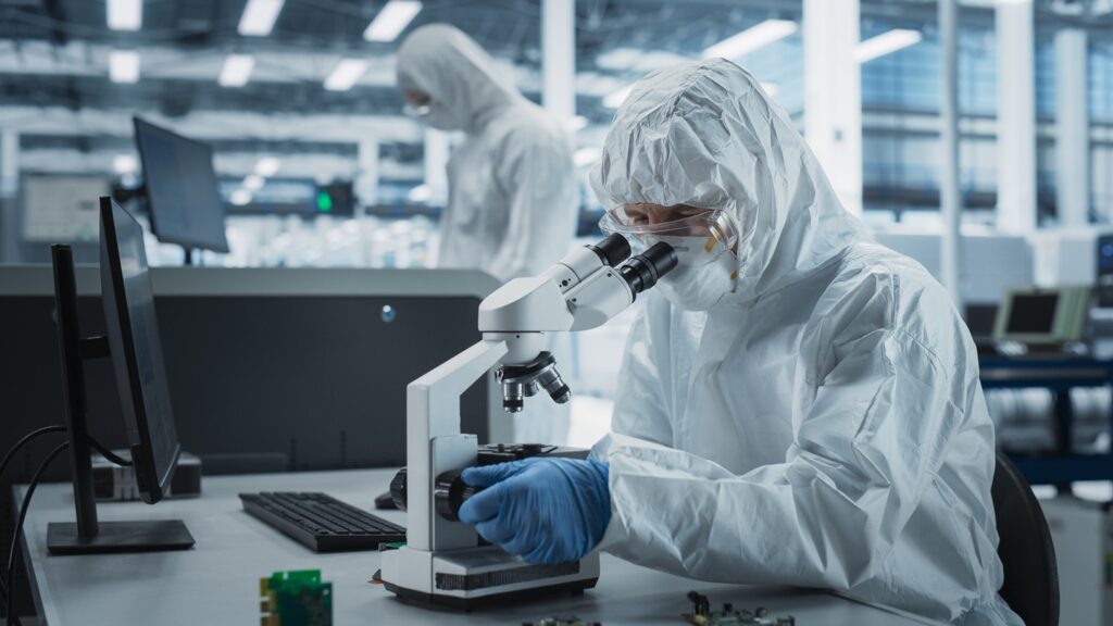 Two,Scientists,In,Sterile,Suites,At,Electronics,Factory:,Engineer,Using